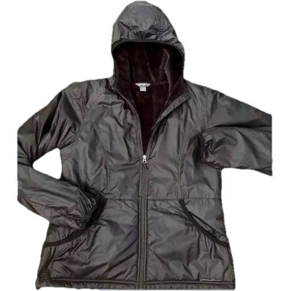Eddie Bauer Jacket Blackβ Sz M Black Full Zip Hood Outdoor Coat Faux Fur